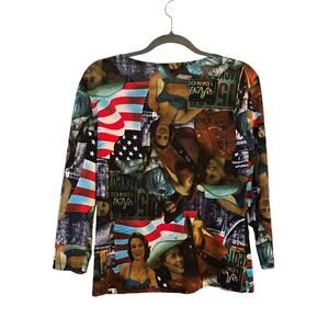 Jessica Max Patriotic Jersey Top Flags Retro Imagery Size Large USA Semi Sheer